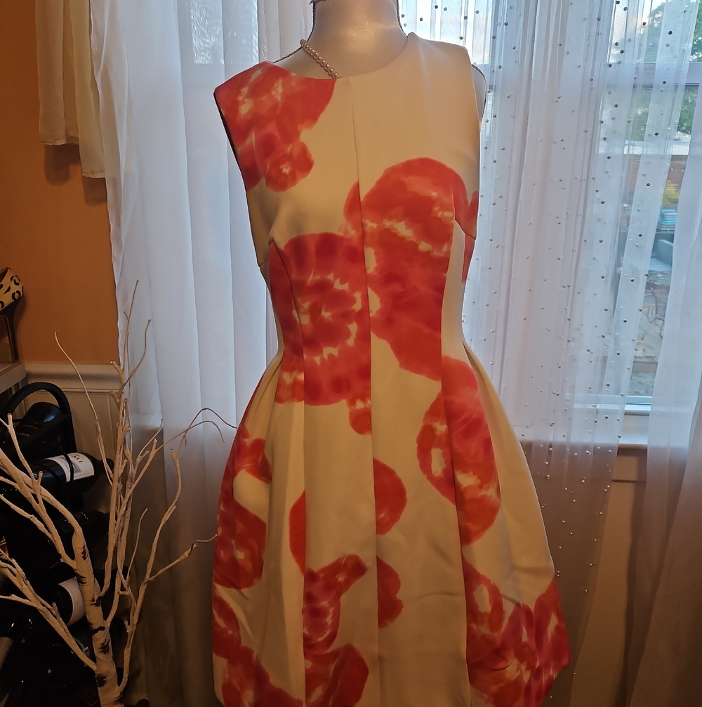 Calvin Klein Cream Midi Dress with Coral Floral Print